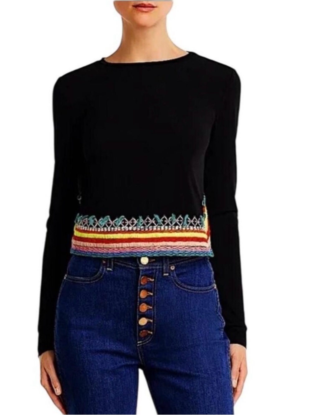 Alice + Olivia Black Long-Sleeve Crop Top with Multicolor Hem